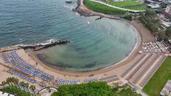 Beach Infrastructure of hotels aerıal vıew Turkey Alanya 4K