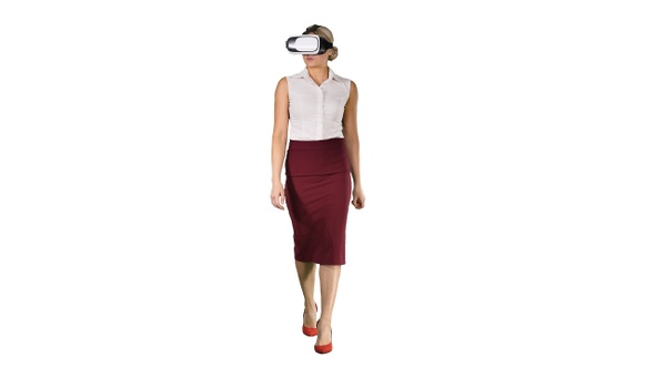 Walking young woman using vr glasses on white background.