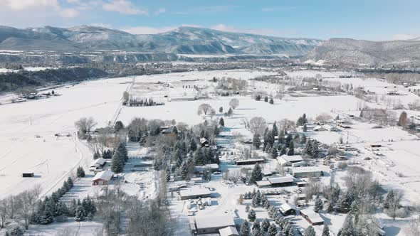 Aerial View Small Countryside Village Carbondale Town on Cold Sunny Winter Day