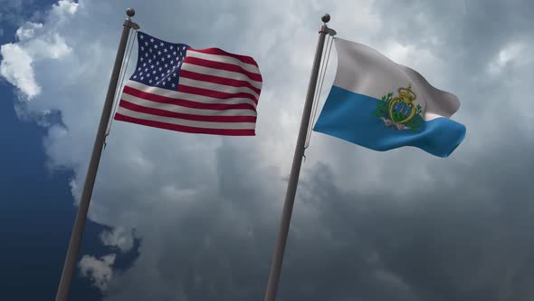 Waving Flags Of The United States And The San Marino 4K
