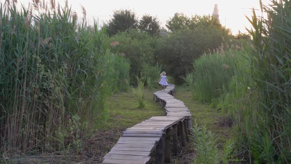 Merry Active Child Girl in White Dress Runs Along Wooden Bridge in Nature Among Green High Grass