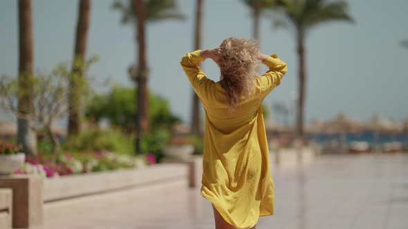 Wealth and Rich Life of Adult Blonde Woman Lady is Walking in Outside of Luxury Hotel