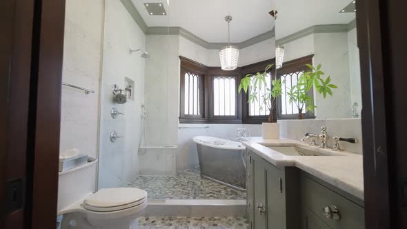 real estate push in shot of a modern bathroom with a freestanding tub in a luxury home