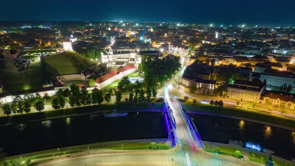 Night aerial shot of old town in vilnius lithuania