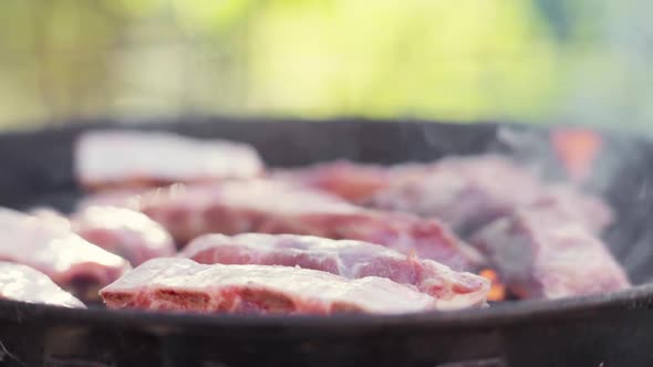 Slow Motion Push In of Meat Grilling on Fiery and Smokey BBQ Grill