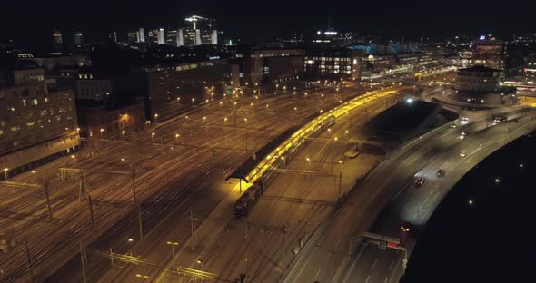 Aerial View of Railway at Night in Stockholm