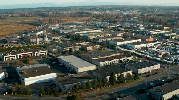 Flying over a commercial and industrial park in Langley City.