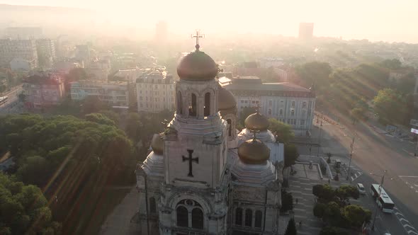 Aerial view of the Cathedral of the Assumption on sunrise, Varna Bulgaria.