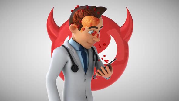 Fun 3D cartoon doctor walking with a phone and the dangers of social media