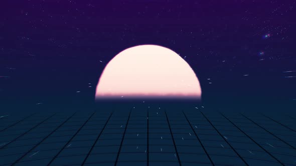 Retro Futuristic flight over the grid and sunset