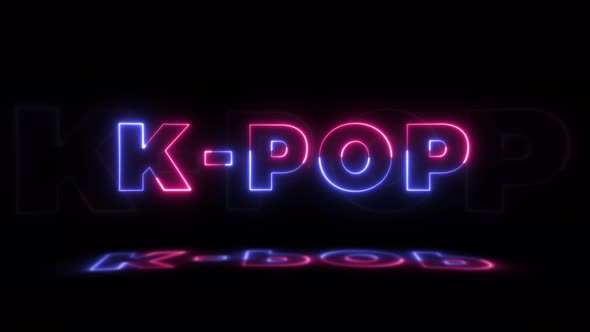 Neon glowing word 'K-POP' on a black background with reflections on a floor. Neon glow signs
