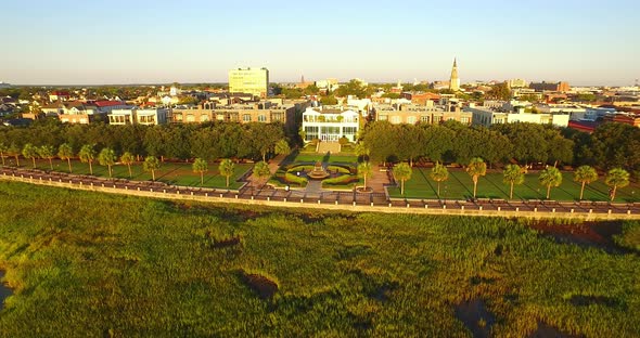 Aerial of Charleston Skyline and Waterfront Park with Pineapple Fountain