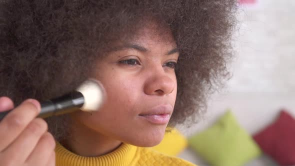 Close Up African American Woman Positive Makeup Looking in the Mirror in Modern Apartment Slow Mo