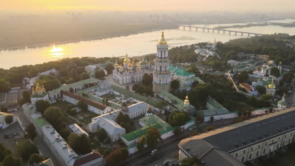 Kyiv-Pechersk Lavra in the Morning at Sunrise. Ukraine. Aerial View