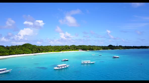 Aerial travel of tranquil bay beach holiday by turquoise ocean and white sand background of a dayout