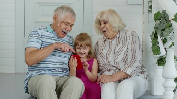 Senior Couple Sitting with Granddaughter and Using Mobile Phone in Porch at Home. Online Shopping