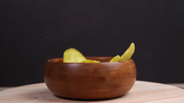 Potato Flakes Chips Closeup Spinning Falling