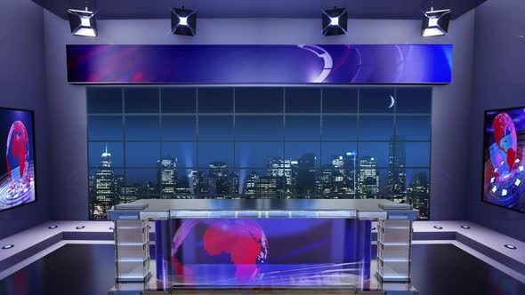 3D Virtual News Studio With Night City Background And Floodlights Loop 10