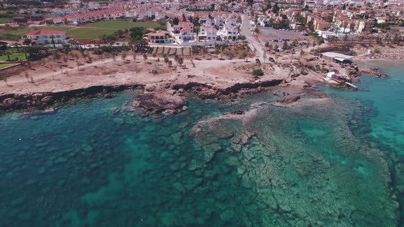Drone  Aerial Footage Protaras Cyprus Sea Holiday Resort Ocean Turquoise Coast Beach Vacation