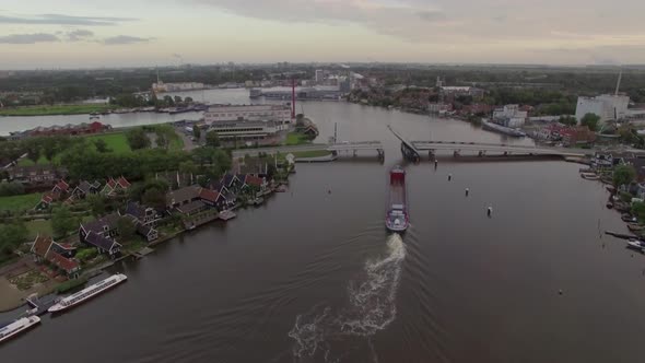 Ship Sailing Through Drawbridge, Aerial View