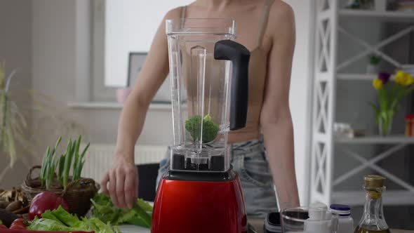 Closeup Blender with Female Hand Putting Broccoli Cucumber and Salad Leaf Inside