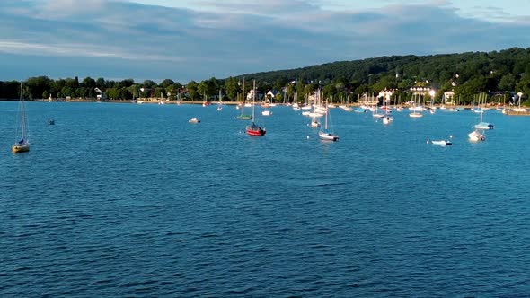 Aerial view flying drone of town Herrsching at Ammersee lake, popular excursion and recreation place