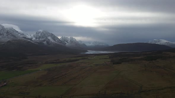 Scenic Nordic landscape in freezing winter, Lyngen Alps aerial view