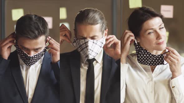 Business Meeting, Managers in Suit Stands in Conference Room, Peoples Puts on a Cloth Masks