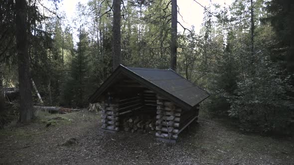 Slow motion shot, towards a woodshed, in a finnish forest, on a cold and cloudy autumn day, near Joe