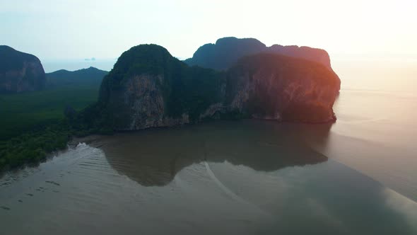 Aerial view over the bay, beautiful limestone mountains on the beach