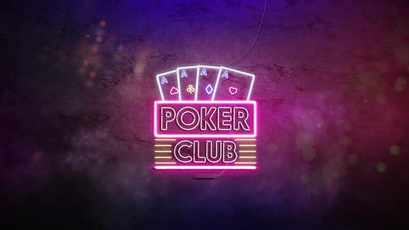 Neon poker club sign dark stone wall, glowing font mockup