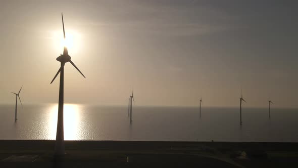 Scenic Wind park farm on Water, Windmill landscape on Bright Sunlight, Aerial view