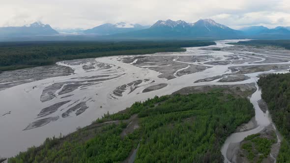 4K Drone Video of Chulitna River and Boreal Forest near Denali State Park in Alaska