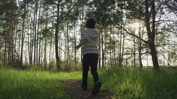 A Boy Runs Through the Woods at Sunset