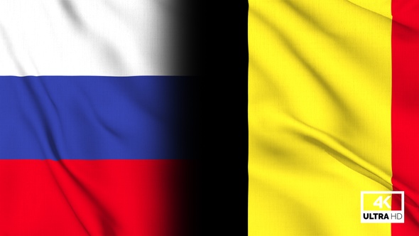 Russia & Belgium Flag Waving Slowly Looped