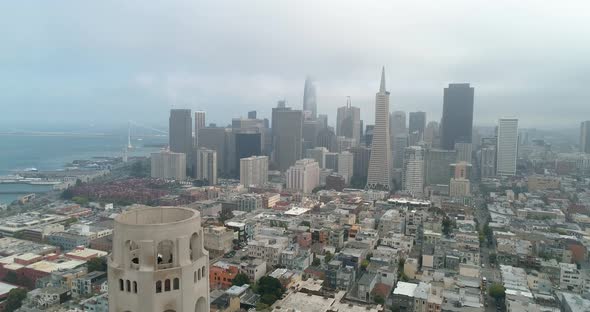 Aerial view San Francisco California USA Coit Tower Telegraph Hill on a cloudy day