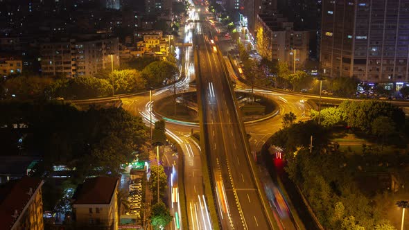 Guangzhou Night Roundabout Highway Traffic Aerial Cityscape Panorama China Timelapse Pan Up