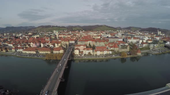 Aerial view of the Old Bridge and Drava River in Maribor