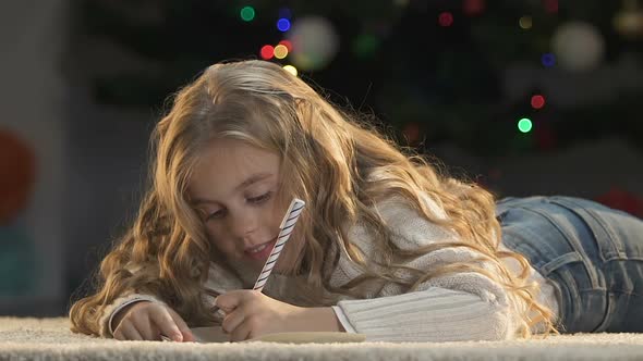 Dreamy Girl Writing Latter to Santa Asking for Gift, Faith in Miracle, Childhood