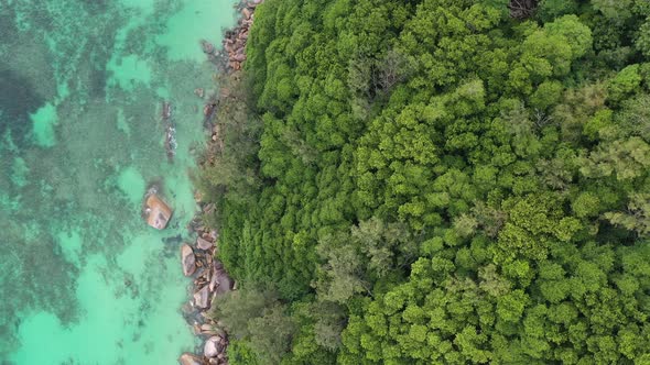 Aerial view of turquoise waters meeting cliff and forest Praslin Seychelles