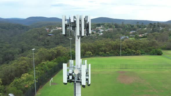 Aerial panorama footage of a telecommunications tower