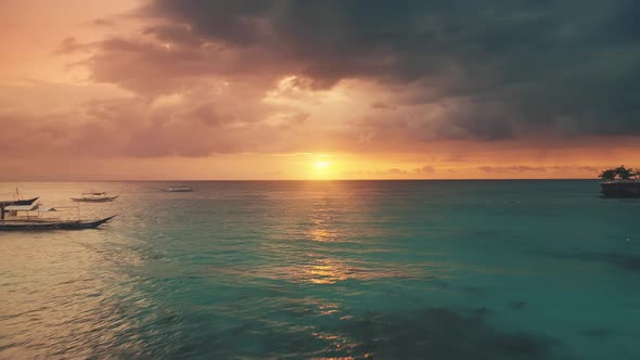 Romantic Sunset Over Ships at Open Sea Aerial View