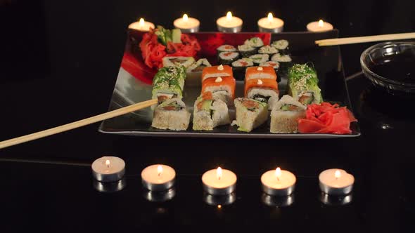 Closeup of a Sushi in a Square Plate on a Table