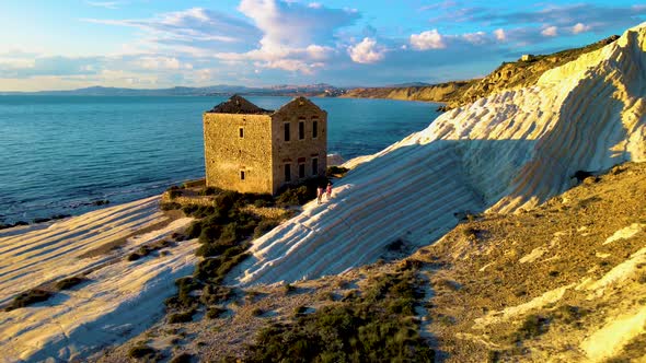 Punta Bianca Agrigento in Sicily Italy White Beach with Old Ruins of an Abandoned Stone House on