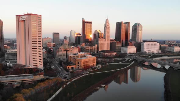 Columbus Ohio downtown skyline at dusk - aerial drone