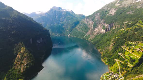 Panoramic drone landscape of Geiranger fjords, Geirangerfjord, Norway