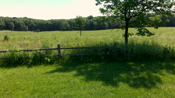 Old wooden fence in beautiful green landscape with grassland and trees drone footage.