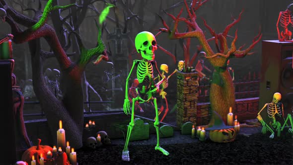 Skeleton drinking in a graveyard party