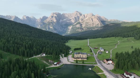 Lake of Misurina, aerial view of Dolomites and the hills around it