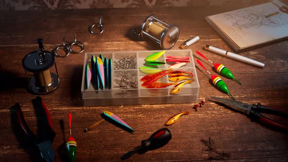 Fishing accessories in a box on a wooden desk. Colourful fish-baits and tools.